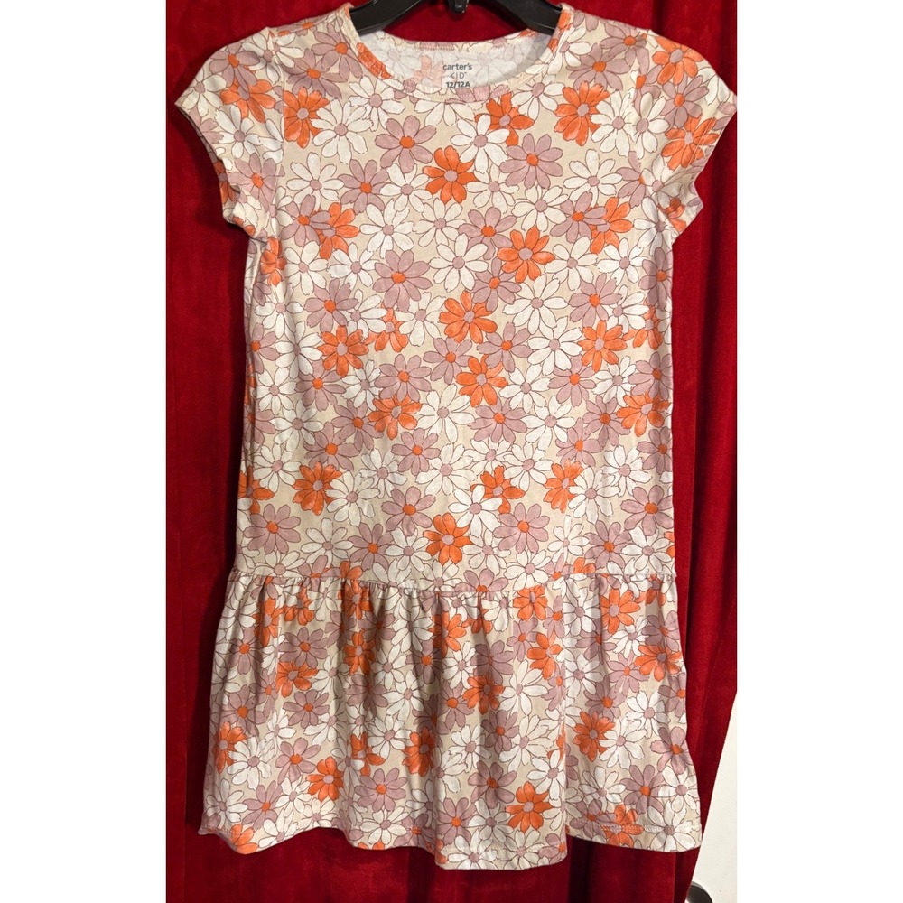 Carter's Floral Drop Waist Dress Kids Size 12 Orange Pink Good Ruffled Short Slv